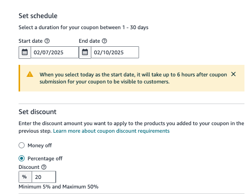 How to set your coupon schedule and discount percentage in Seller Central